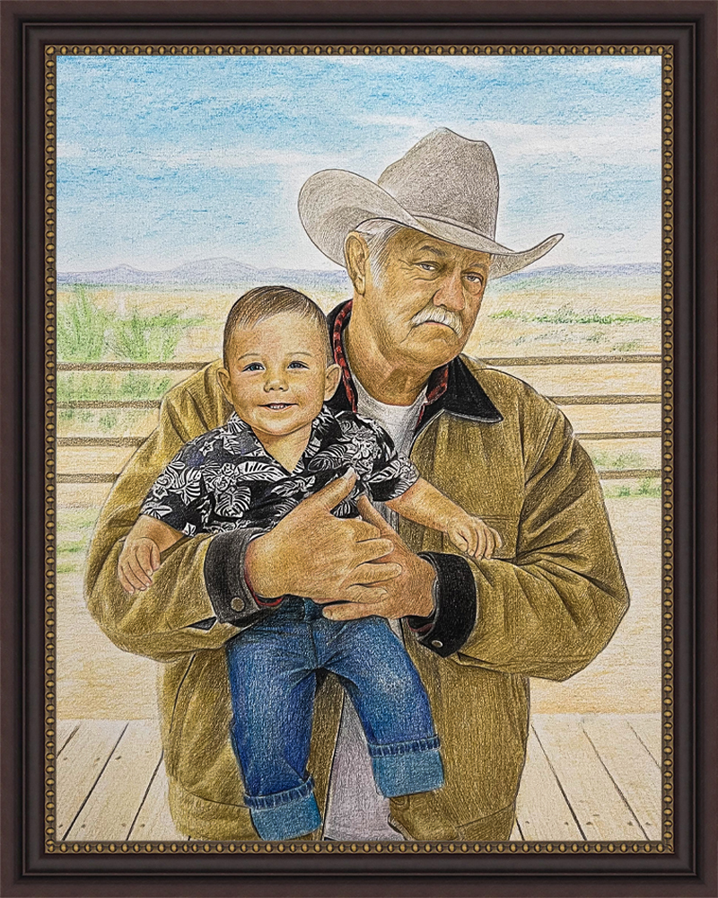 Colored pencil portrait of grandfather in cowboy hat holding grandchild
